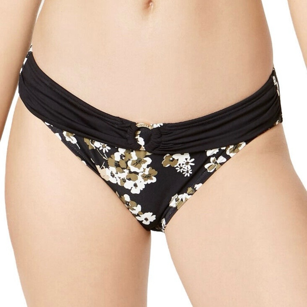 Michael Kors Logo Ring Hipster Bikini Bottoms Black Green White Floral Size XL